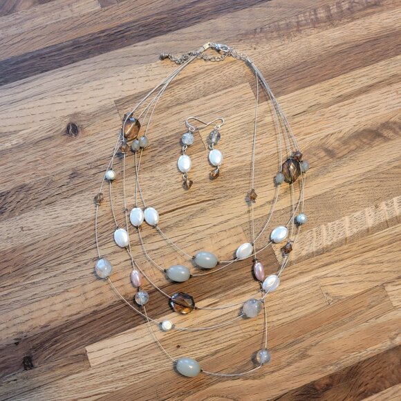 Beaded Necklace & Earring Set w Silver, White, and Amber Colors - Picture 13 of 13